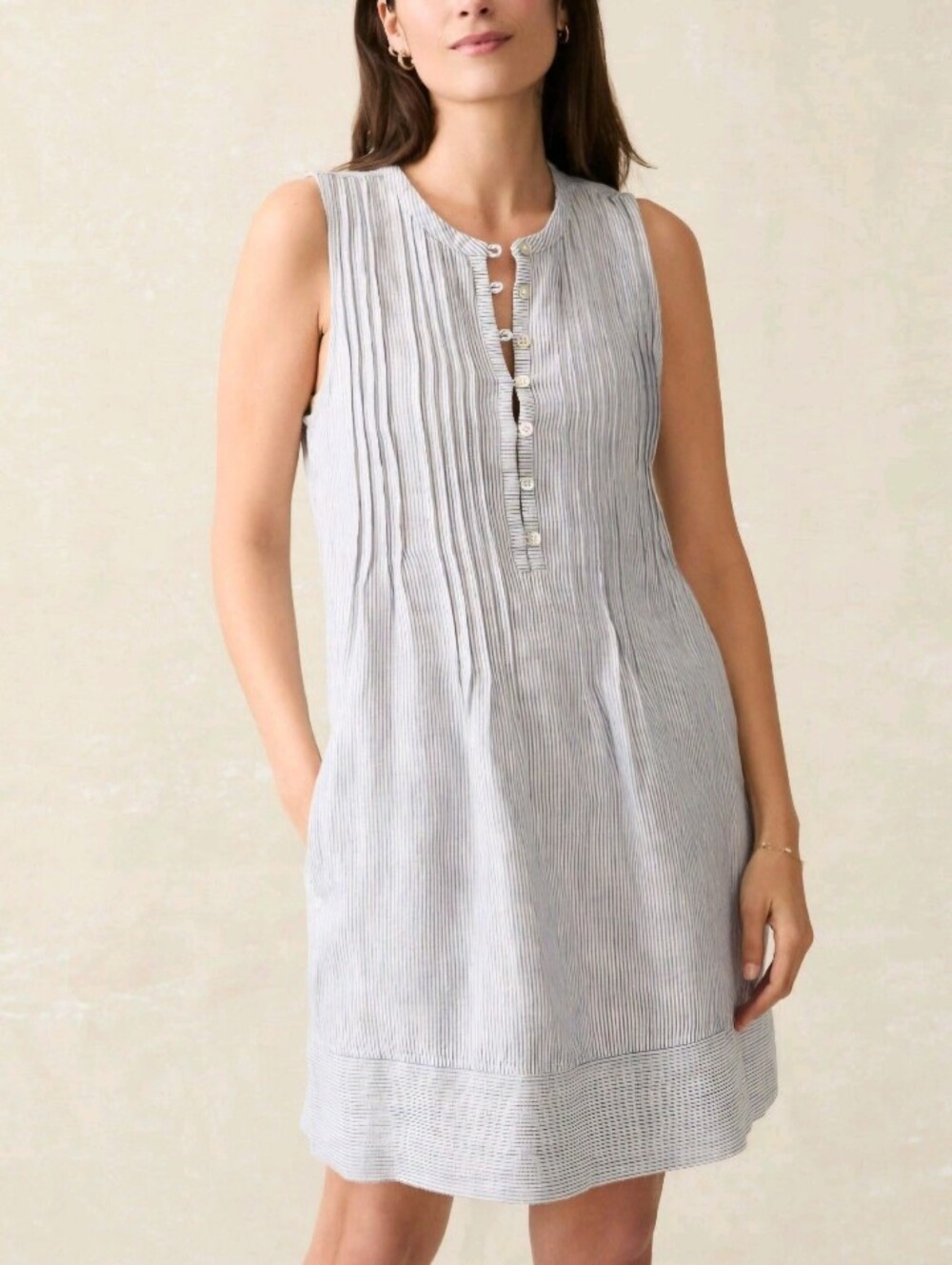 Faherty Isha Sleeveless Mini Dress in Blue/white Pinstripes. Linen. Prairie Girl